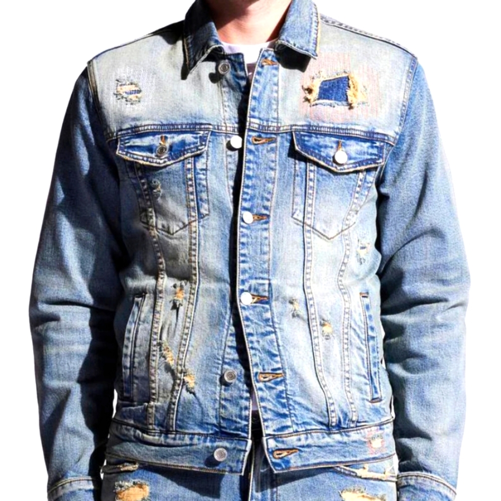 Embellish Concat Denim Jacket Blue Mens Size Medium NWT